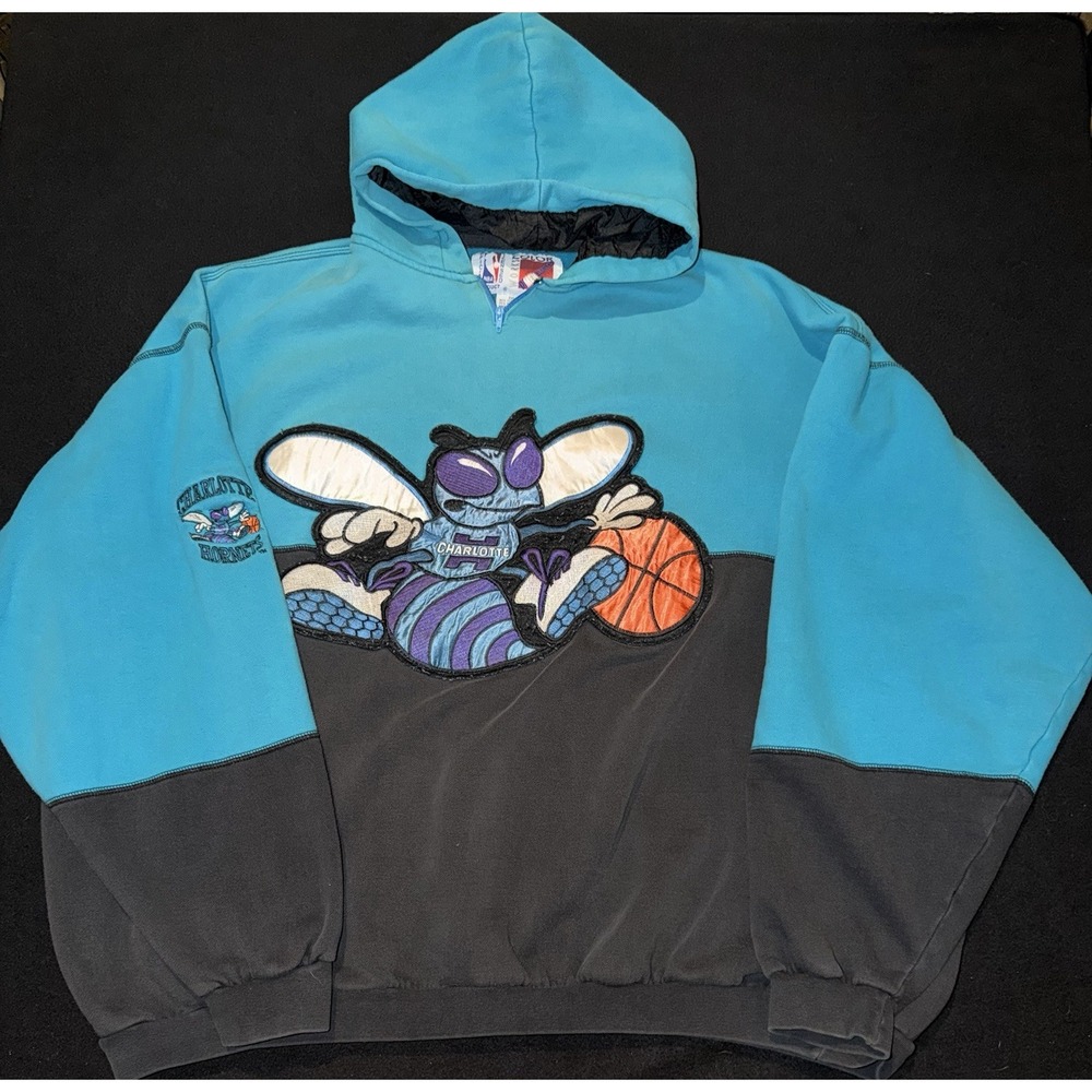 Charlotte Hornets Vintage Hoodie Black Blue NBA 90s Rare Large Logo Baggy 3XL